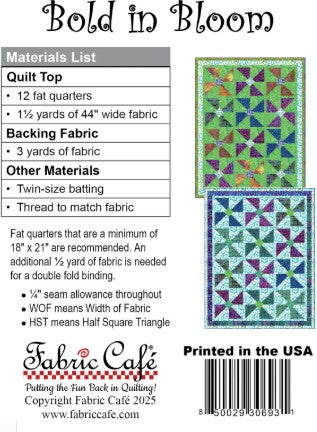 Carmon's Quilt Shop Fabric Café Bold in Bloom quilt pattern instruction sheet with materials list and quilt design.