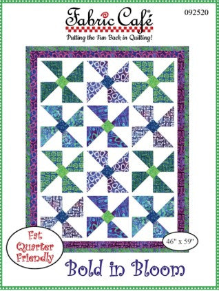 Carmon's Quilt Shop Fabric Café Bold in Bloom quilt pattern featuring a vibrant pinwheel design in blue and green.