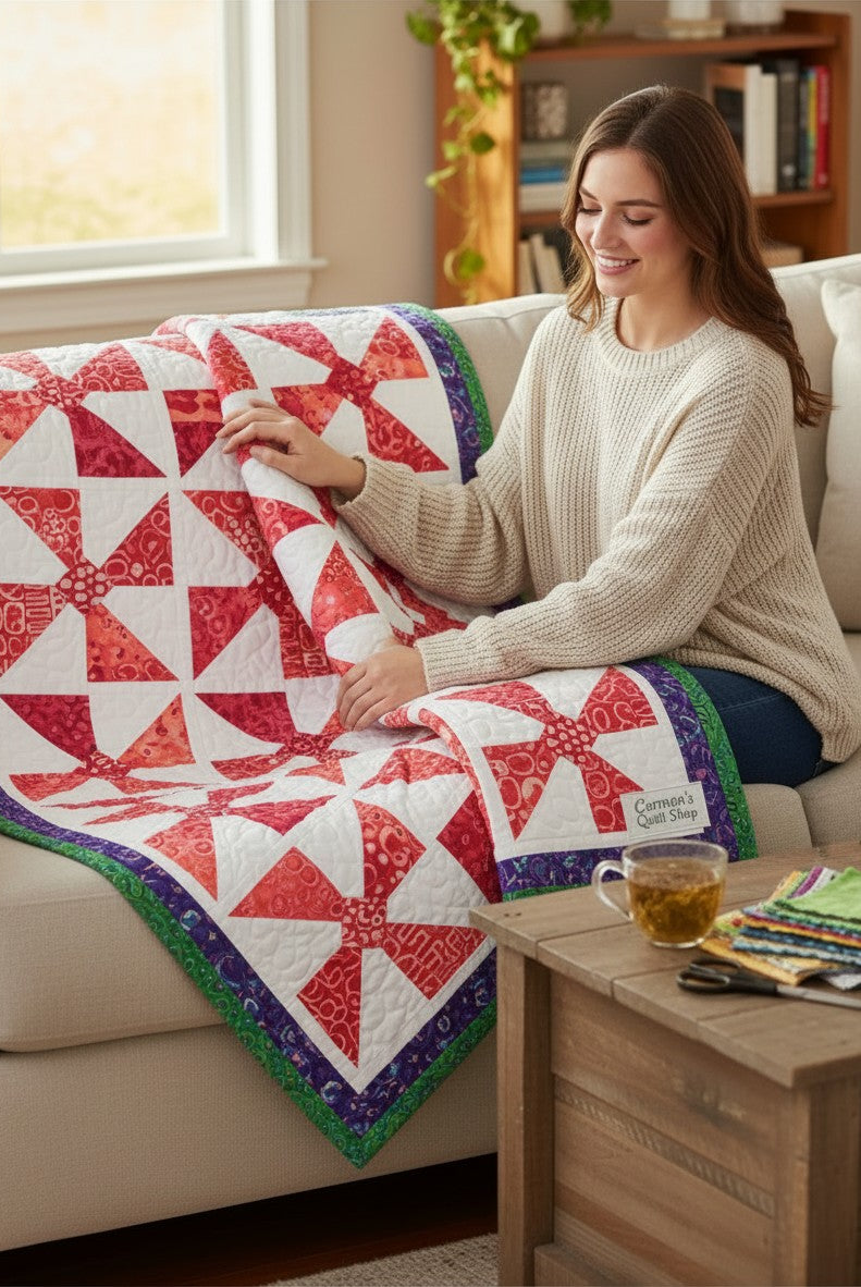 Carmon's Quilt Shop Bold in Bloom quilt pattern featuring a red and white pinwheel design on a lap-sized throw.