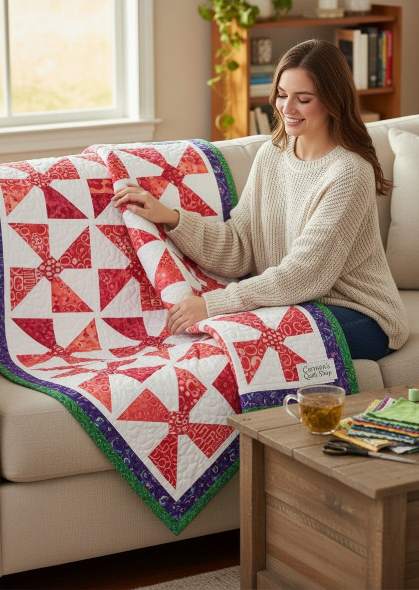 Carmon's Quilt Shop Bold in Bloom quilt pattern featuring a red and white pinwheel design on a lap-sized throw.