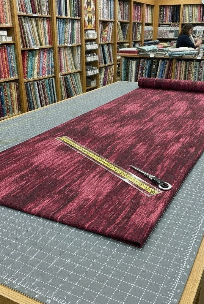 Carmon's Quilt Shop burgundy wood textured abstract cotton quilting fabric laid out on a cutting mat in a quilt shop.