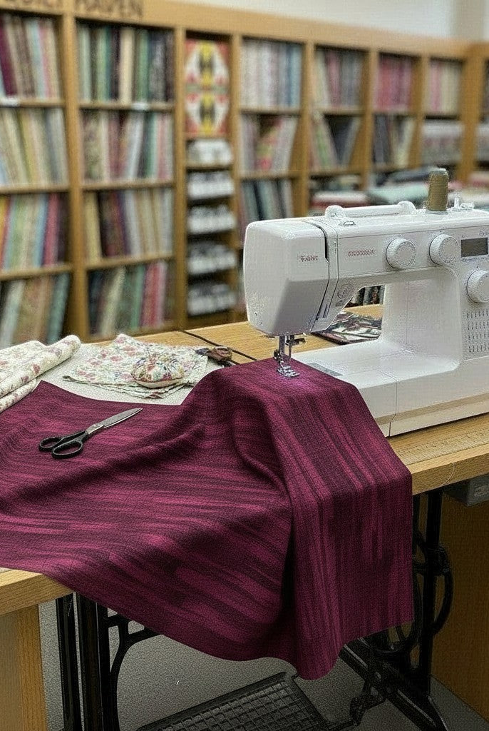 Carmon's Quilt Shop burgundy wood textured abstract cotton fabric on a sewing machine in a fabric store