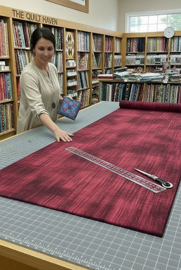 Carmon's Quilt Shop employee measuring burgundy wood-textured 118-inch wide cotton quilting fabric on a cutting table.