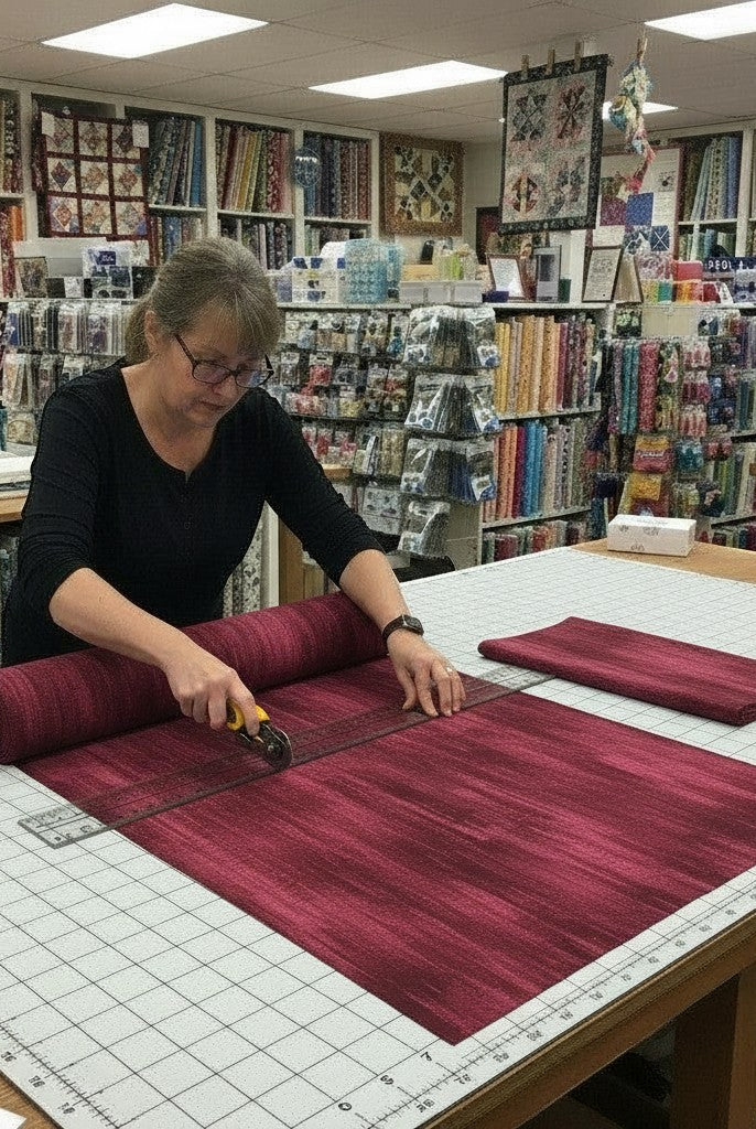 Carmon's Quilt Shop staff cutting burgundy wood textured abstract cotton fabric on a grid mat in a quilt shop