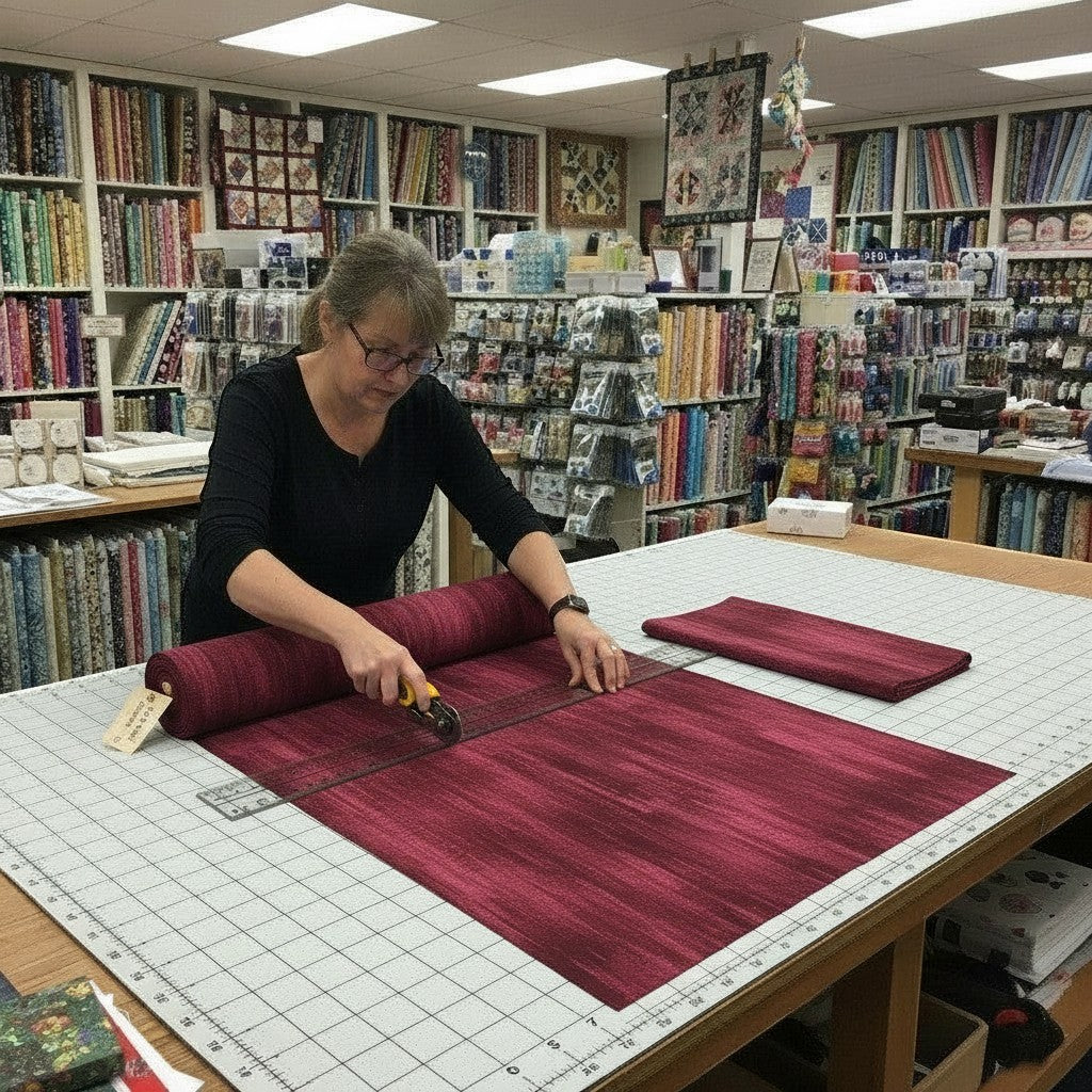 Carmon's Quilt Shop staff cutting burgundy wood textured abstract cotton fabric on a grid mat in a quilt shop