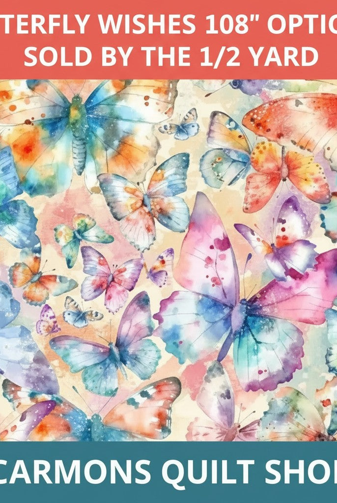 Carmon's Quilt Shop cream cotton fabric featuring a colorful watercolor butterfly and floral print for quilt backing.