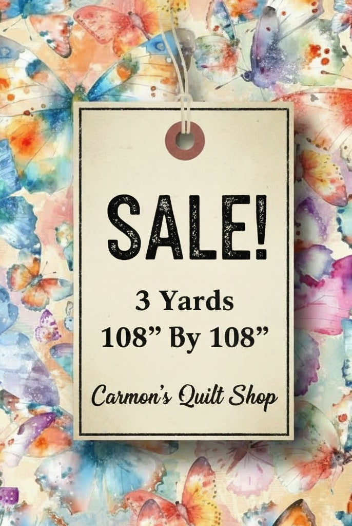Carmon's Quilt Shop Butterfly Wishes cream 108-inch wide cotton quilt backing fabric with colorful butterfly print