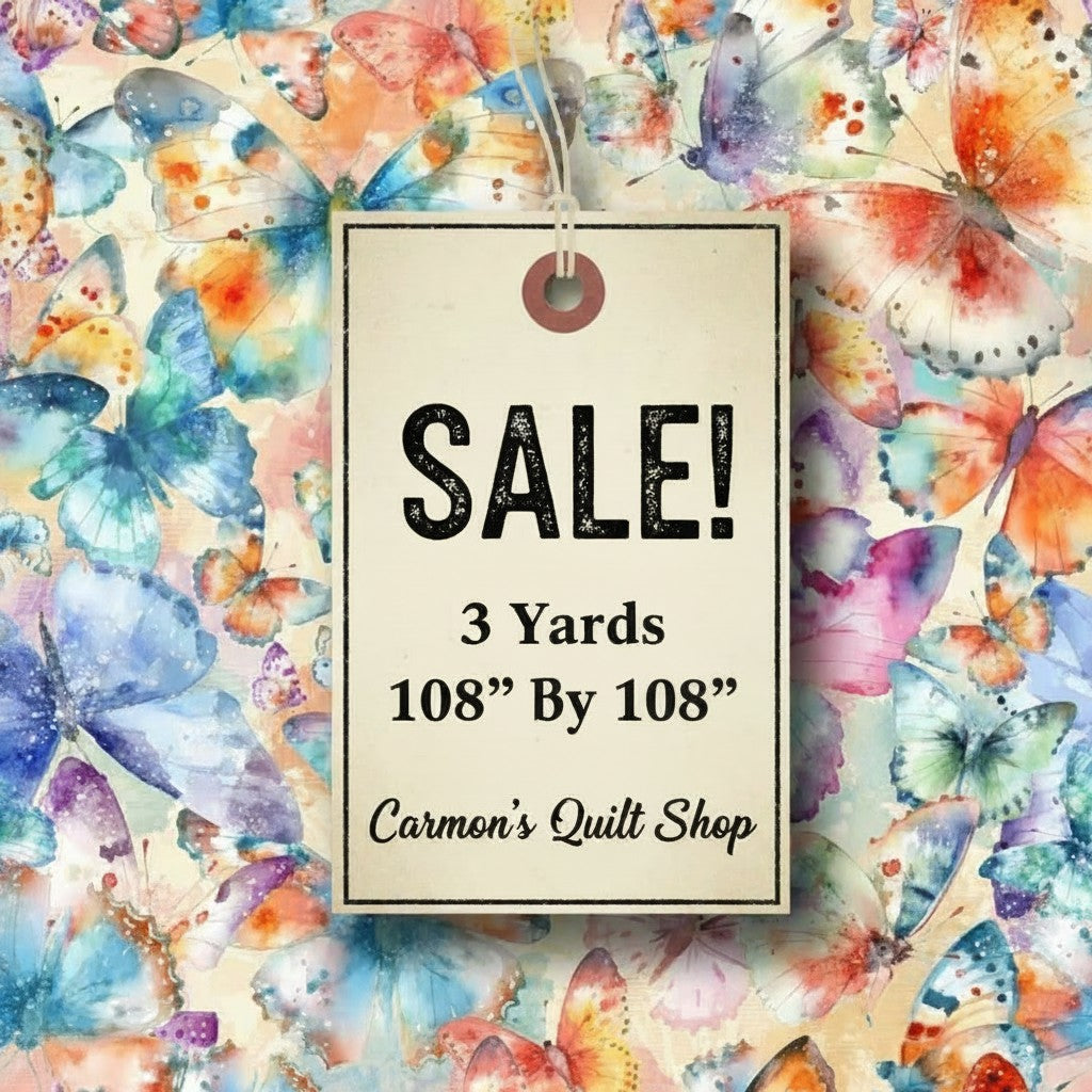 Carmon's Quilt Shop Butterfly Wishes cream 108-inch wide cotton quilt backing fabric with colorful butterfly print