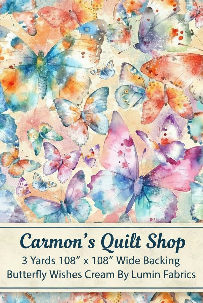 Carmon's Quilt Shop Butterfly Wishes cream 108-inch wide cotton quilt backing fabric with watercolor butterflies