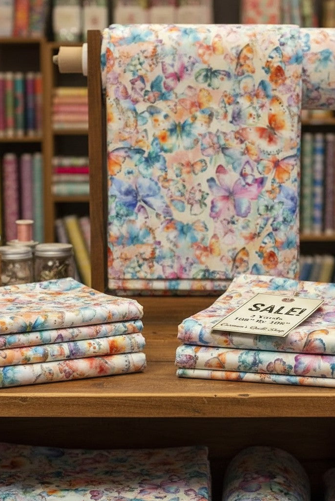 Carmon's Quilt Shop Butterfly Wishes cream 108-inch wide cotton quilt backing fabric with colorful butterfly print