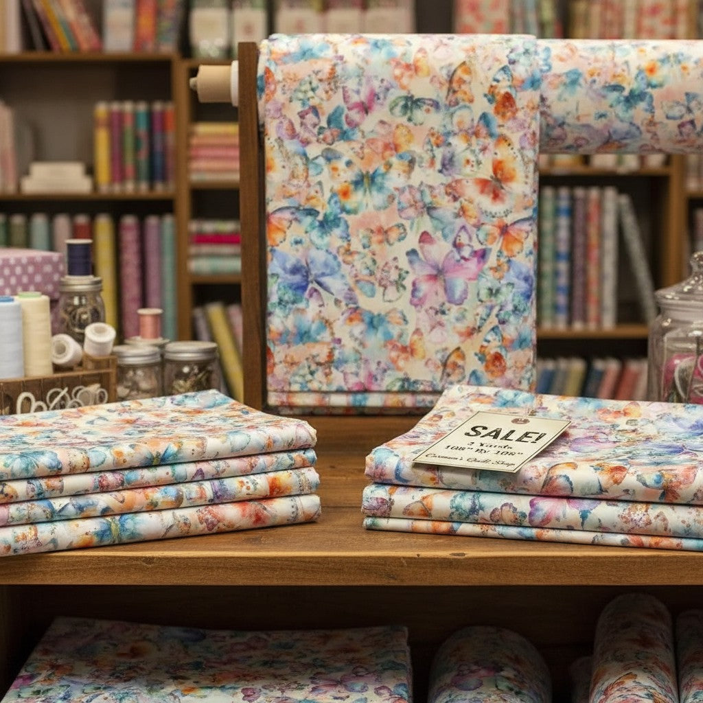 Carmon's Quilt Shop Butterfly Wishes cream cotton fabric with colorful butterfly and floral print for quilt backing.