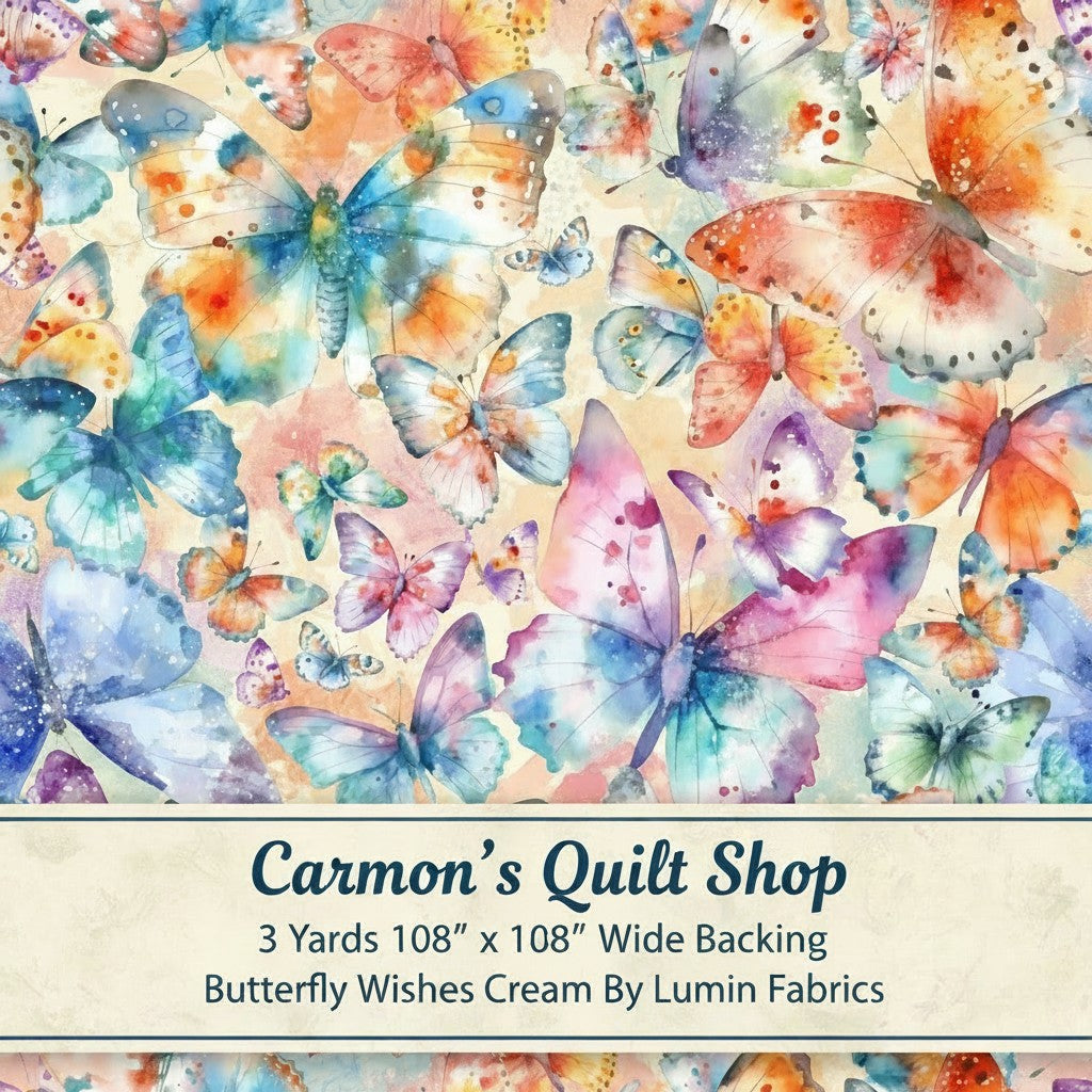 Carmon's Quilt Shop Butterfly Wishes cream 108-inch wide cotton quilt backing fabric with colorful butterfly print.
