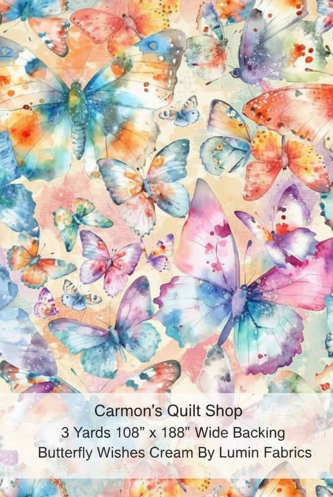 Carmon's Quilt Shop Butterfly Wishes cream 108-inch wide cotton quilt backing fabric with colorful watercolor butterflies