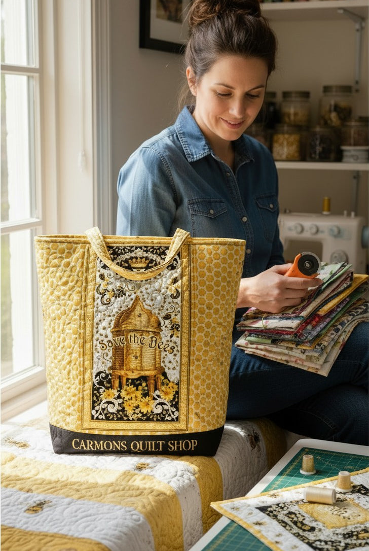 Carmon's Quilt Shop Buzz Worthy fabric panel featuring a bee skep design in black and gold, sewn into a tote bag.