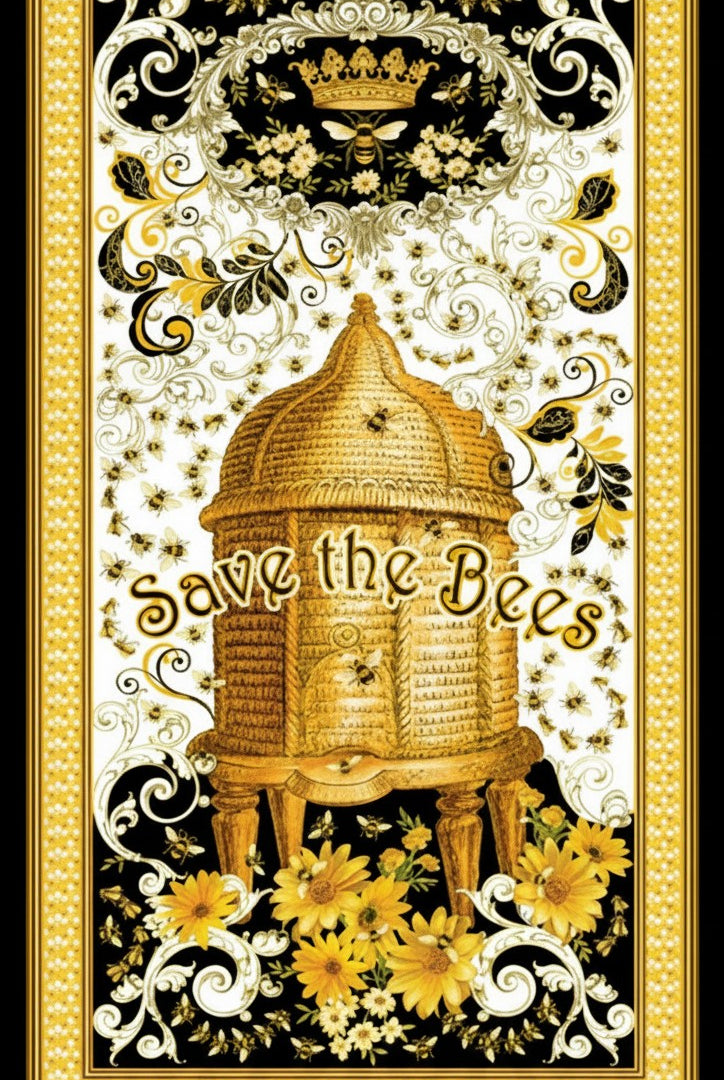 Carmon's Quilt Shop Buzz Worthy fabric panel featuring a gold beehive, bees, and floral motifs in black and gold.
