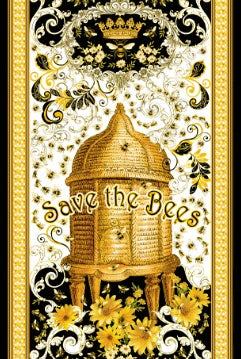 Carmon's Quilt Shop Buzz Worthy fabric panel featuring a gold beehive, bees, and Save the Bees text on black