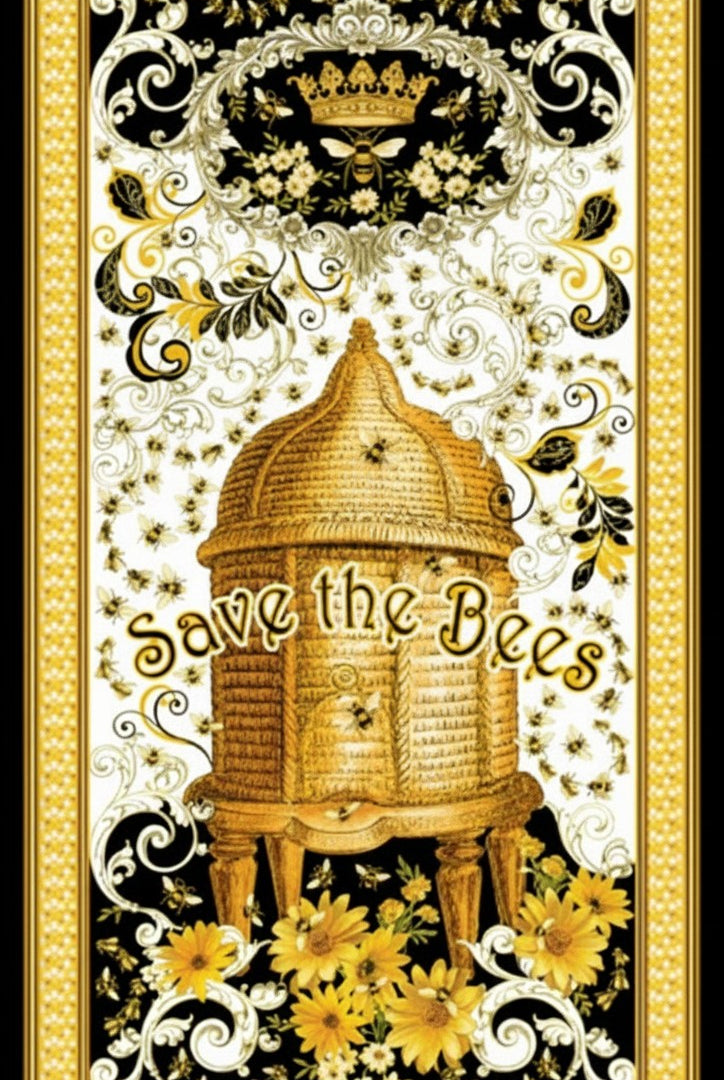 Carmon's Quilt Shop Buzz Worthy fabric panel featuring a gold beehive, bees, and flowers on a black and gold background