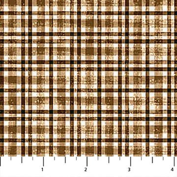Carmon's Quilt Shop Figo Snowbound cotton fabric featuring a rustic distressed caramel and brown plaid pattern.