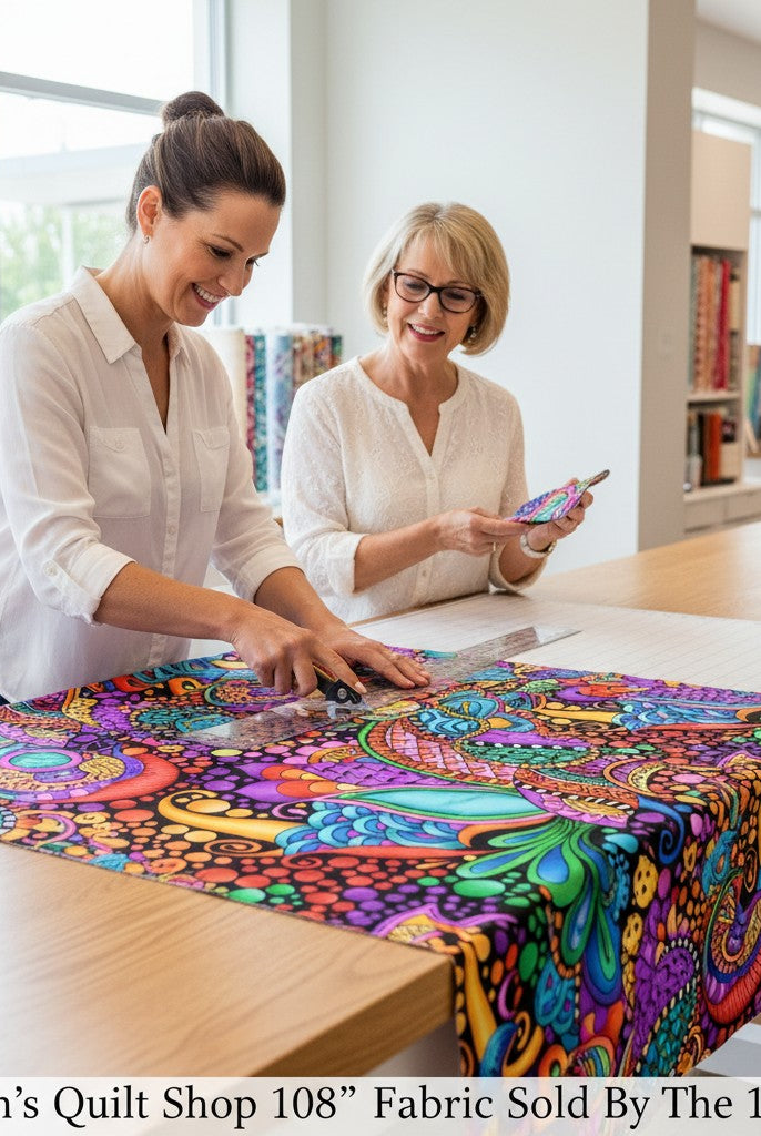 Two women at Carmon's Quilt Shop cutting vibrant QT Fabrics Carnivale floral geometric cotton fabric on a table.