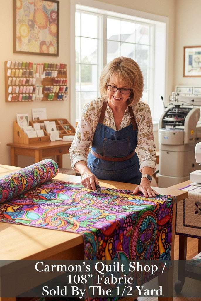 Carmon's Quilt Shop woman cutting vibrant Carnivale floral geometric 108-inch cotton fabric on a wooden table.