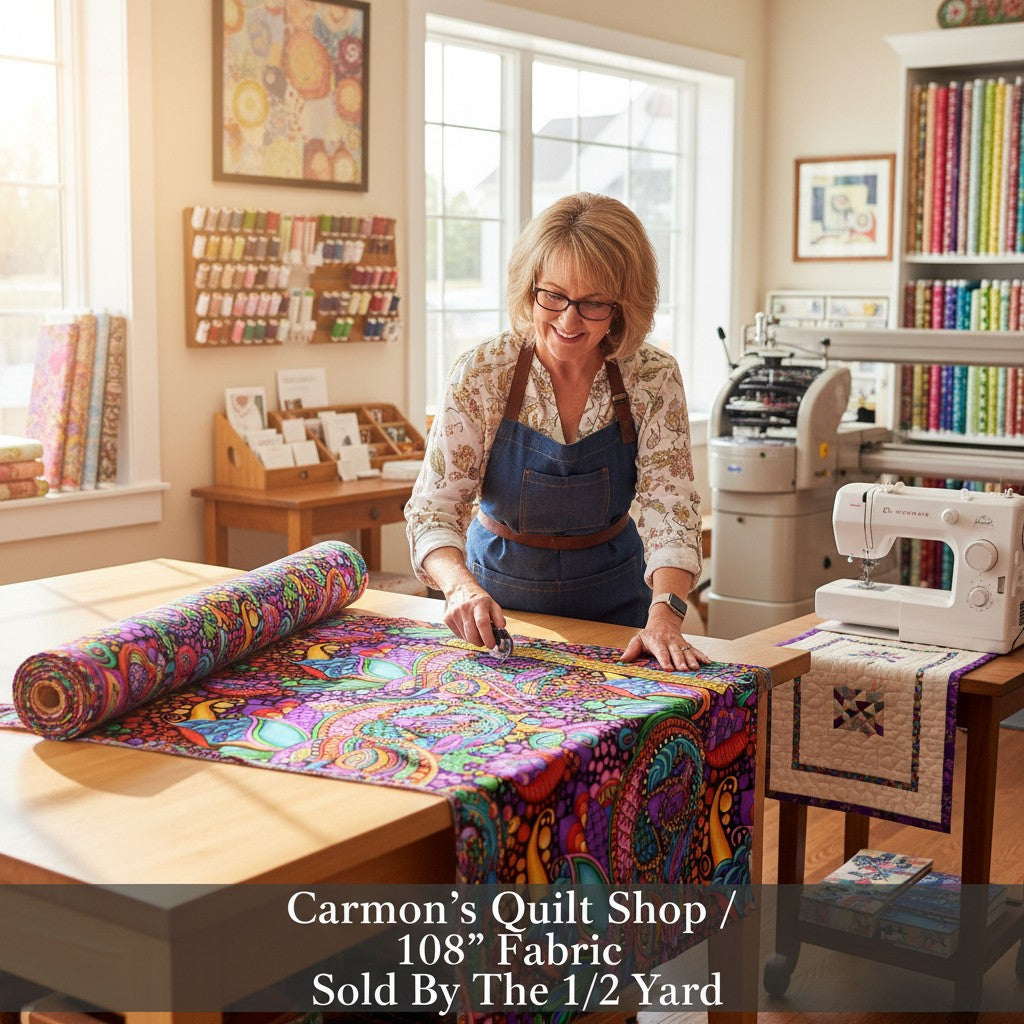 Carmon's Quilt Shop woman cutting vibrant Carnivale floral geometric 108-inch cotton fabric on a wooden table.