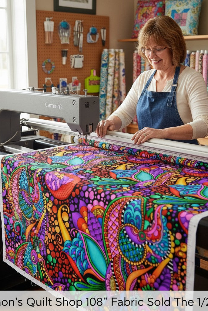 Carmon's Quilt Shop QT Fabrics Carnivale floral geometric cotton fabric being quilted on a longarm machine