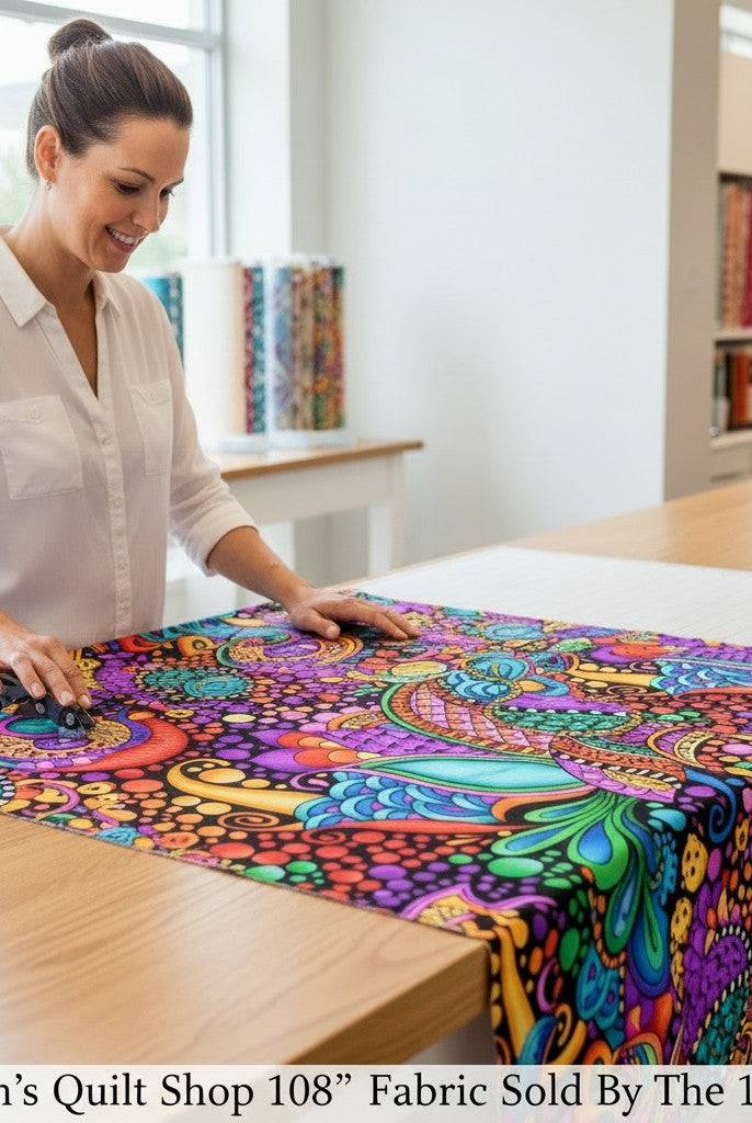 Carmon's Quilt Shop QT Fabrics Carnivale floral geometric cotton fabric with vibrant multi-colored pattern on black.