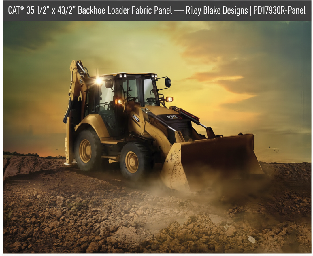 Carmon's Quilt Shop CAT backhoe loader cotton fabric panel featuring a yellow construction vehicle at sunset