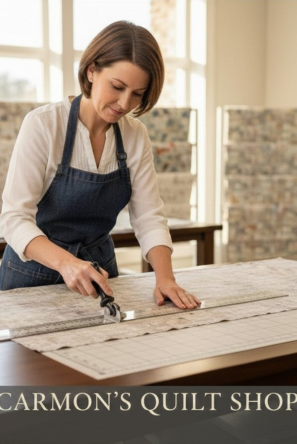 Carmon's Quilt Shop employee cutting mottled charcoal gray 108-inch wide cotton quilt backing fabric with a rotary cutter.