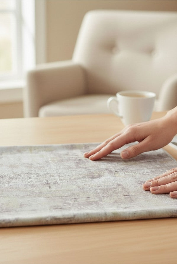 Carmon's Quilt Shop charcoal mottled blender 100% cotton fabric with a textured gray finish on a wooden table.