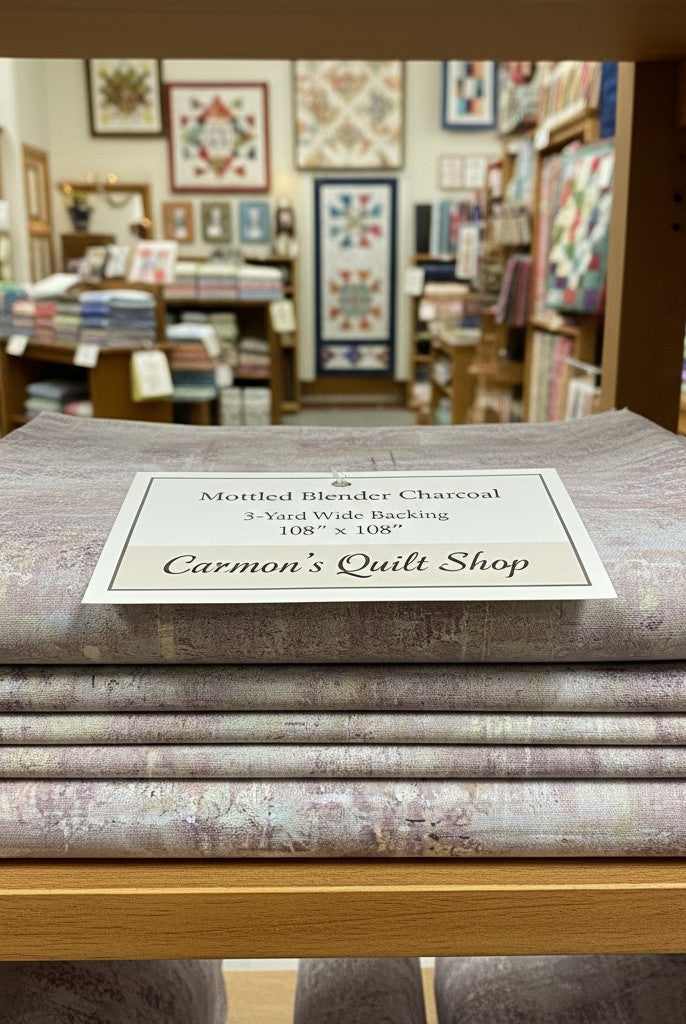 Carmon's Quilt Shop charcoal mottled blender 100% cotton wide quilt backing fabric folded on a store shelf