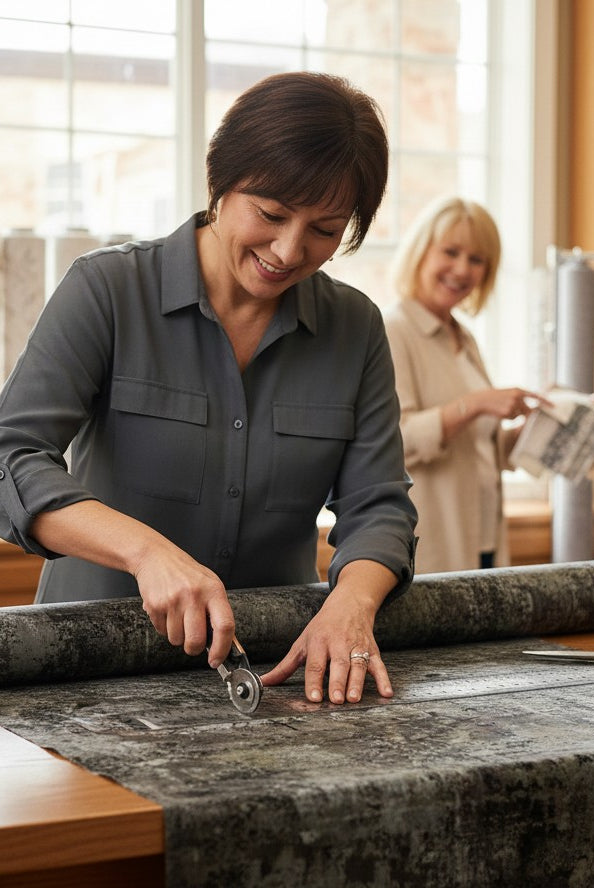 Carmon's Quilt Shop employee cutting charcoal mottled 108-inch wide QT Fabrics cotton for a quilting project