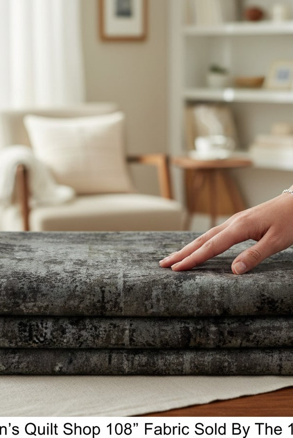 Carmon's Quilt Shop charcoal mottled blender 108-inch wide quilting cotton fabric folded on a table