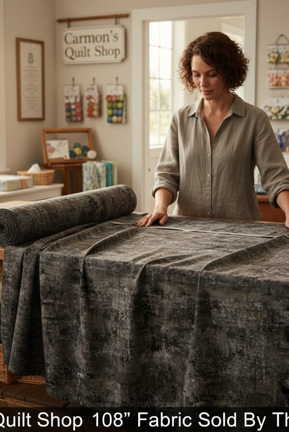 Carmon's Quilt Shop charcoal mottled blender 108-inch wide quilting cotton fabric on a wooden table in a sewing room.
