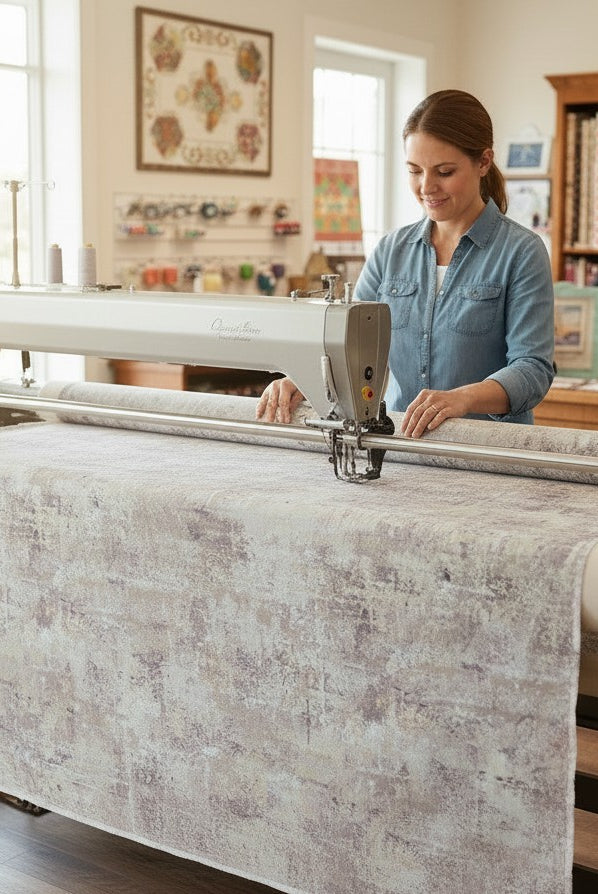 Carmon's Quilt Shop features a woman using a longarm machine to quilt mottled charcoal 108-inch wide cotton backing.