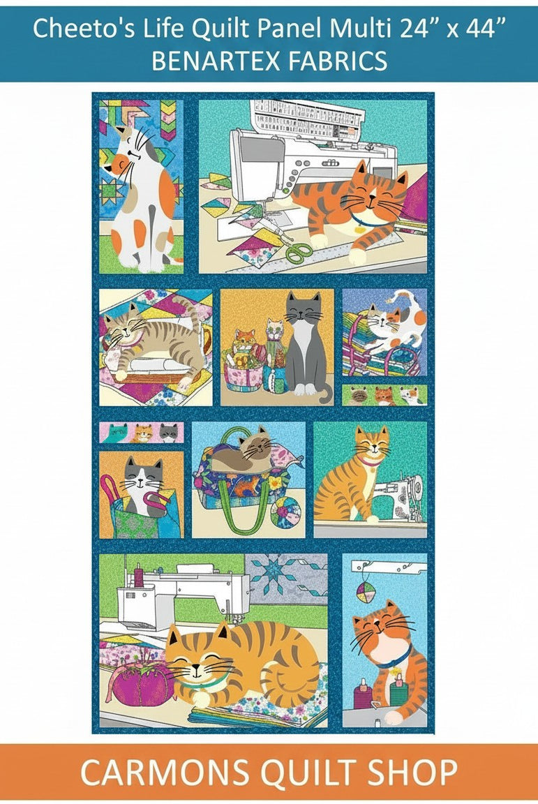 Carmon's Quilt Shop Cheeto's Life multi-colored cotton quilt panel featuring playful cat illustrations and sewing tools.