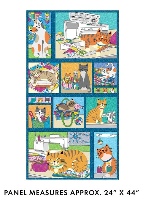 Carmon's Quilt Shop Cheeto's Life cotton fabric panel featuring colorful cat illustrations and sewing themes.