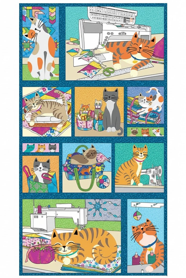 Carmon's Quilt Shop Cheeto's Life multi-colored cotton fabric panel featuring whimsical cat and sewing illustrations