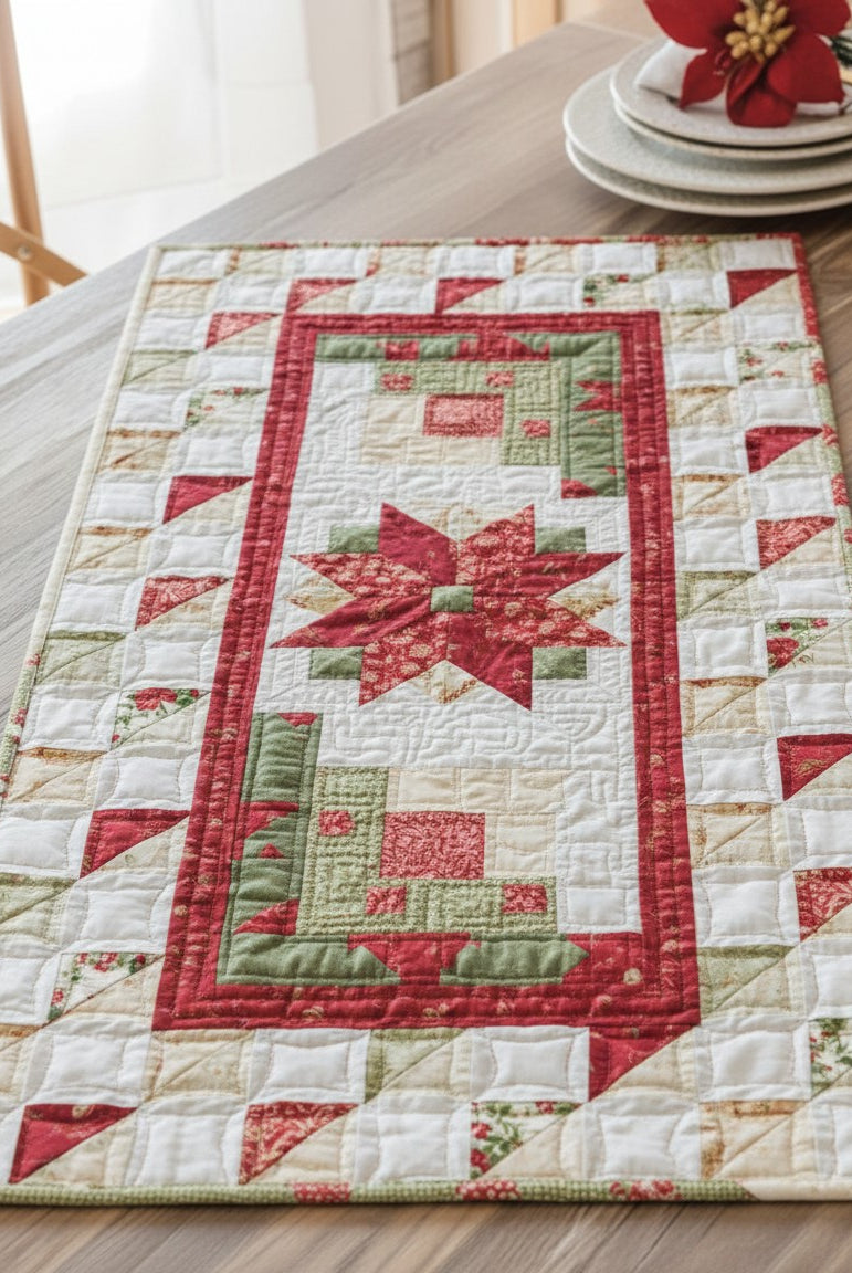 Carmon's Quilt Shop Christmas table runner with red and green star and geometric quilt patterns on a wooden table