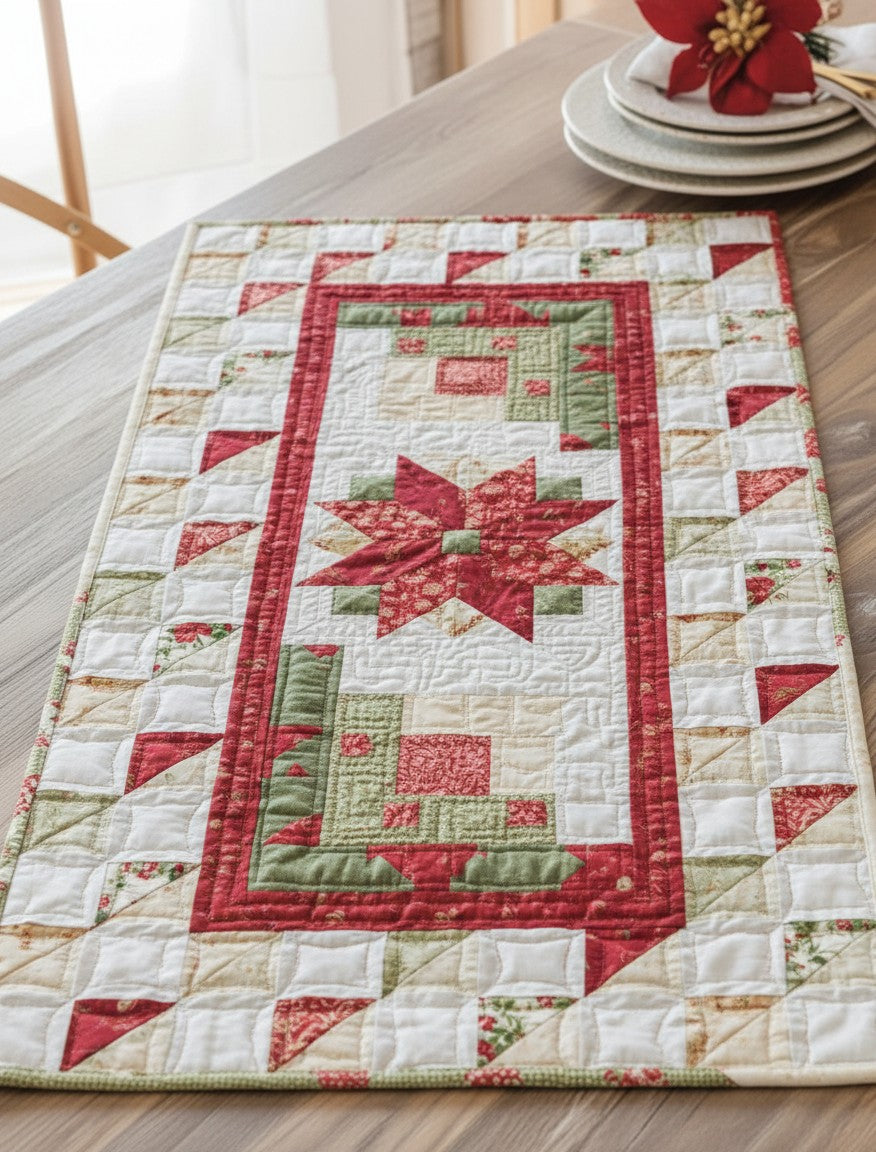 Carmon's Quilt Shop Christmas table runner with red and green star and geometric quilt patterns on a wooden table
