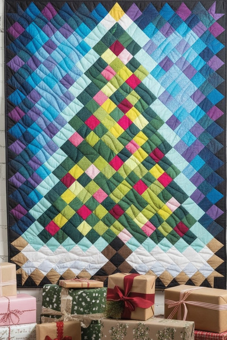 Carmon's Quilt Shop Christmas tree quilt with colorful pixelated squares hanging above wrapped holiday gifts.