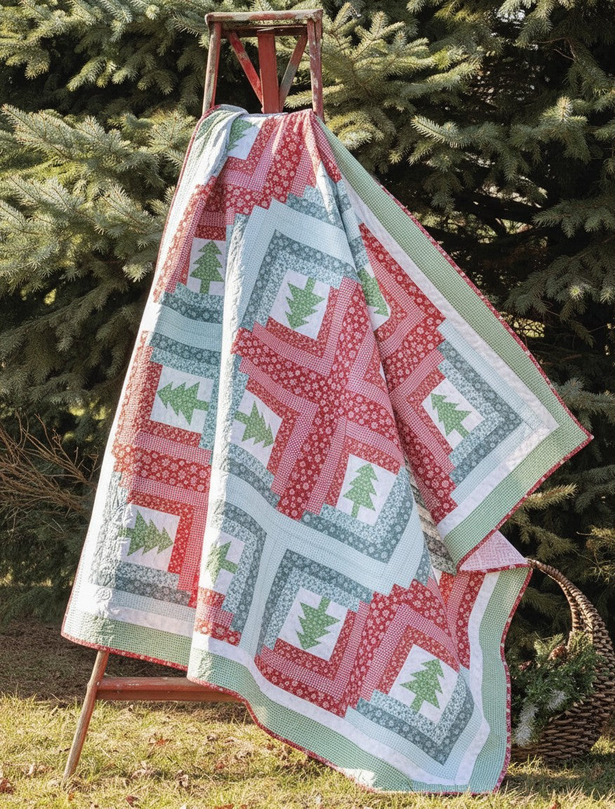 Carmon's Quilt Shop Christmas quilt featuring red and green tree patterns draped over a wooden ladder outdoors.