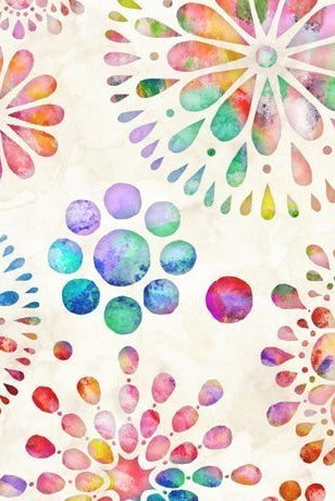 Carmon's Quilt Shop Circle Medallion 108 inch wide cotton backing fabric with colorful watercolor floral patterns