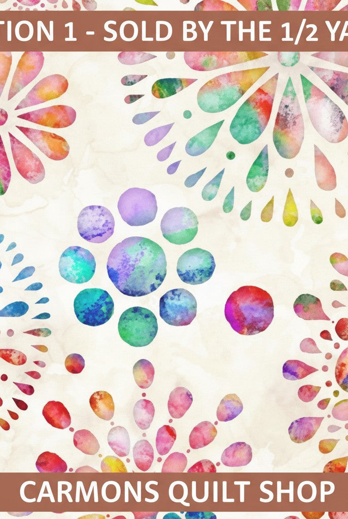 Carmon's Quilt Shop Circle Medallion 108 inch wide cotton quilt backing fabric with colorful watercolor patterns