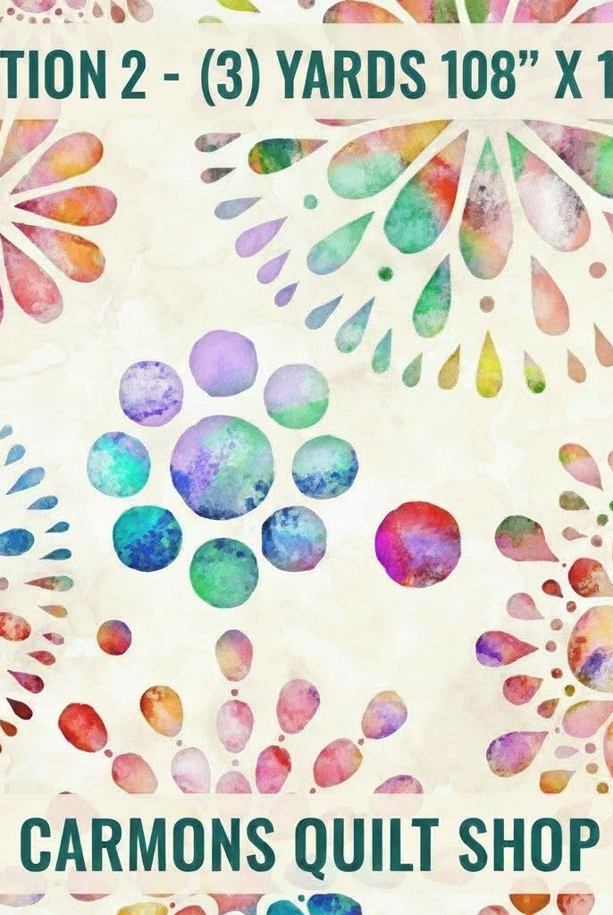 Carmon's Quilt Shop Circle Medallion 108 inch wide cotton quilt backing fabric with colorful watercolor patterns.