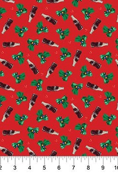 Carmon's Quilt Shop Coca-Cola Santa Christmas fabric with red background, glass bottles, and green holly leaves