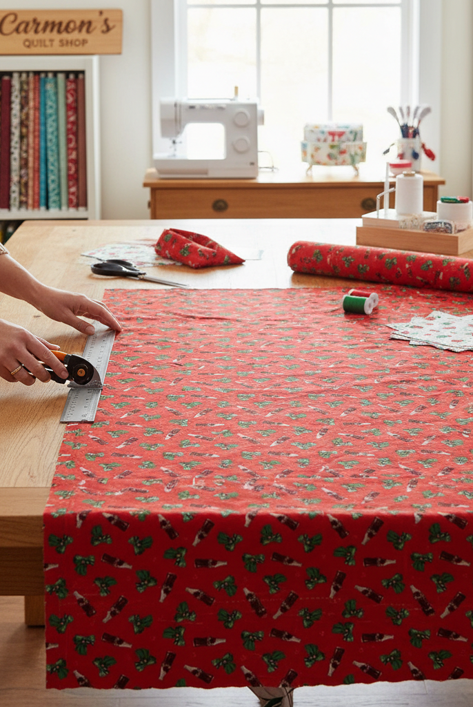 Carmon's Quilt Shop worker cutting red Coca-Cola Christmas logo toss 100% cotton fabric on a wooden table