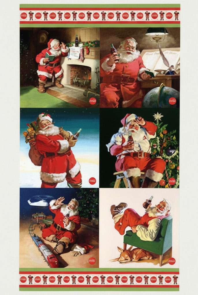 Carmon's Quilt Shop Coca-Cola Christmas cotton fabric panel featuring nostalgic Santa Claus illustrations.