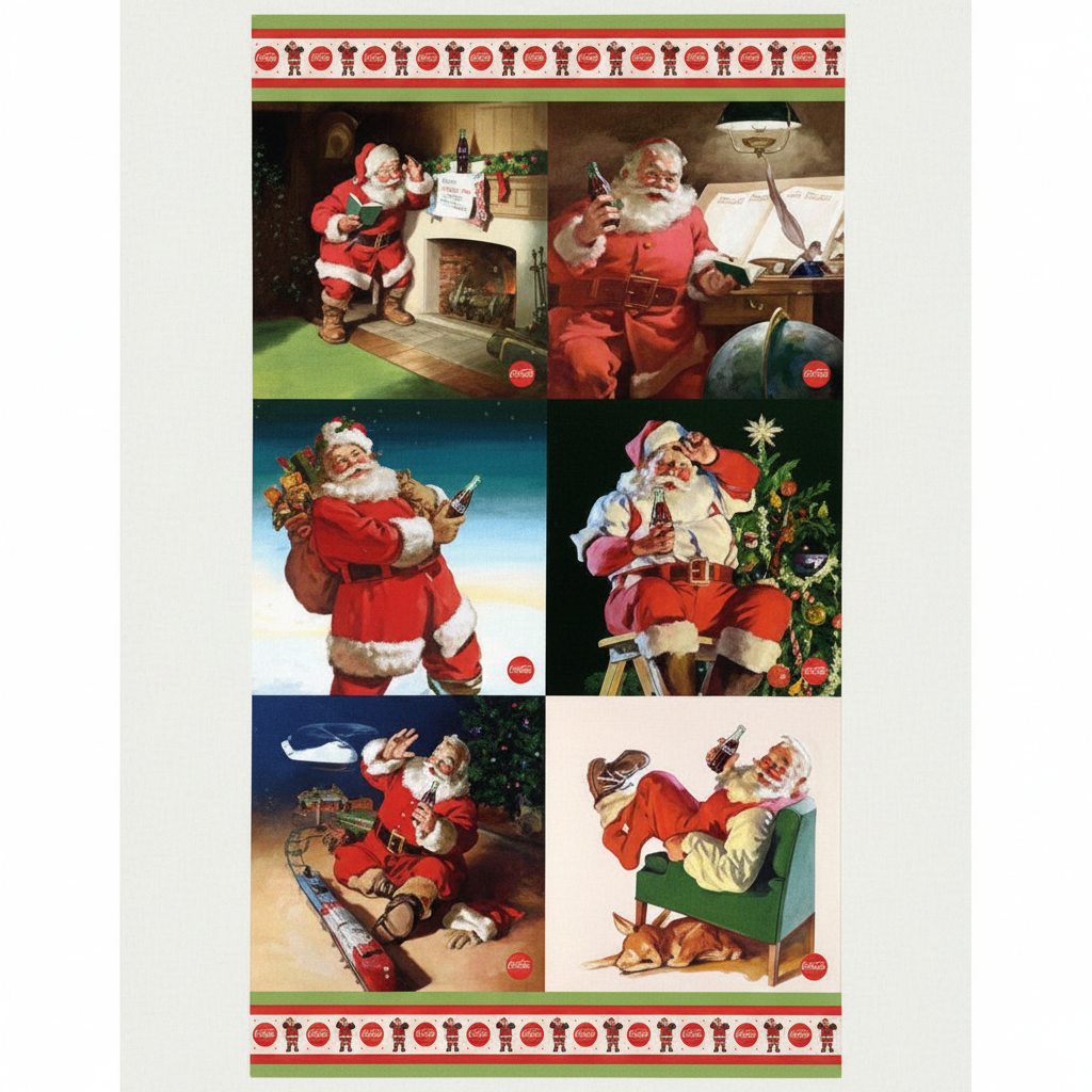 Carmon's Quilt Shop Coca-Cola Christmas cotton fabric panel featuring nostalgic Santa Claus illustrations.