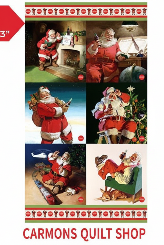 Carmon's Quilt Shop Coca-Cola Christmas cotton fabric panel featuring nostalgic Santa Claus illustrations
